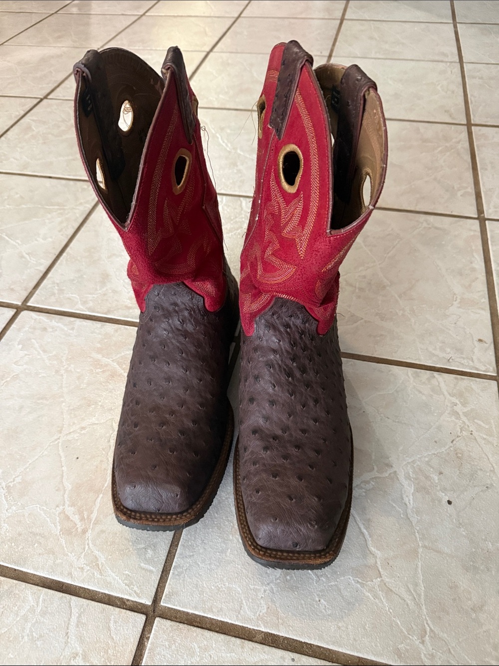 Double H Brown Ostrich & Red Cowboy Boots